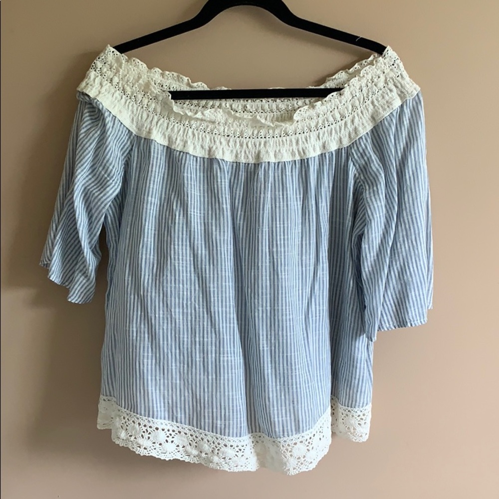 Aerie Off The Shoulder Searsucker Crochet Top